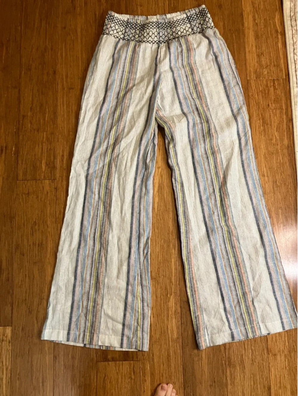 Indigo Rein Womens M Linen Wide Leg Pants Striped Smocked Waist Boho Beach